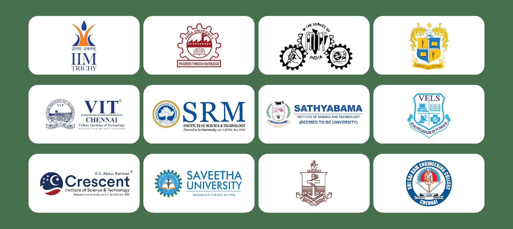 Colleges and institutions: IIM, VIT Chennai, SRM, Sathyabama, VELS, Crescent, Saveetha and more